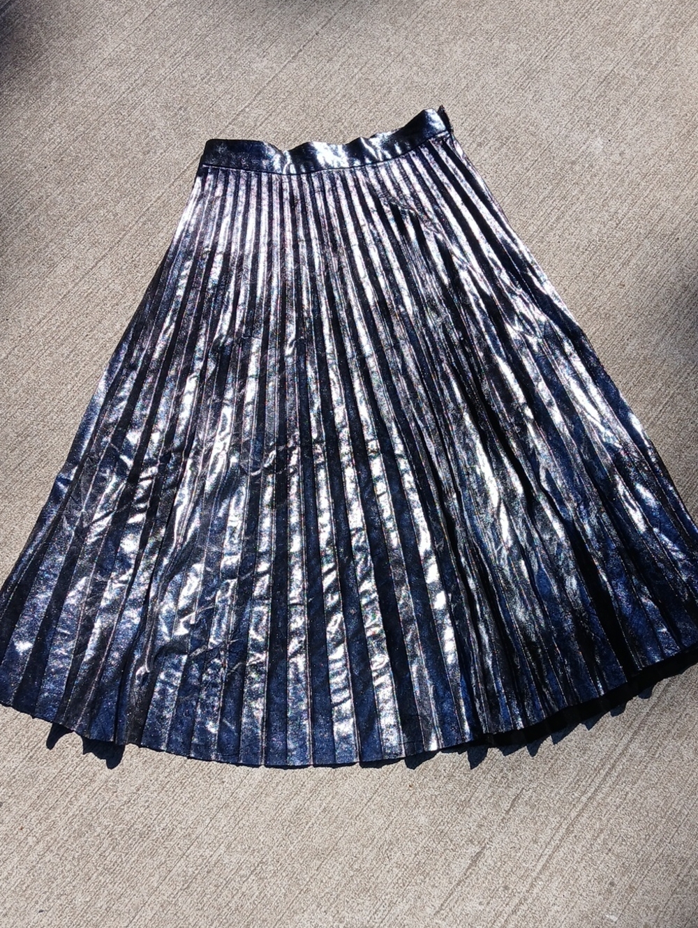 Metallic Silver Pleated Midi Skirt